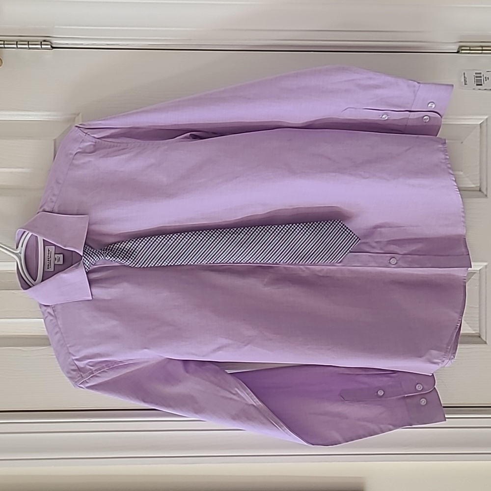 MICHAEL STRAHAN COLLECTION FOR YOUNG MEN PURPLE BUTTON SHIRT WITH TIE SIZE 20R
